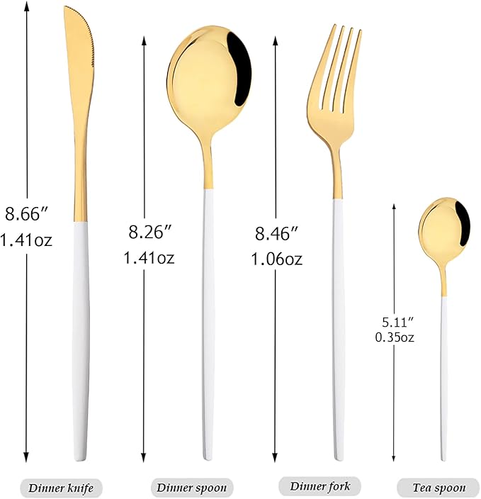 32 pcs Splicing Color handle Cutlery Set, Mirror Gold 18/0 Stainless Steel Flatware Set For 8, Metal Tableware Kitchen Utensils Include Dinner Knife/Fork/Spoon/Teaspoon, White Gold