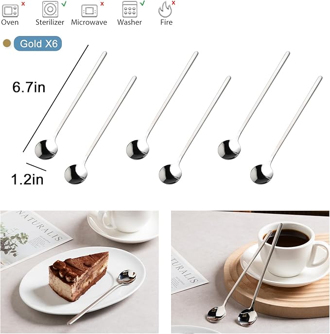 6.7 Inches Coffee Spoons, 18/8 Stainless Steel Espresso Spoons, 6 PCS Vogue Mini Tea Spoons, Cappuccino Stirring Spoons, Small Spoons for Dessert, Ice Cream, Frosted Handle,Sweejar(Silver)