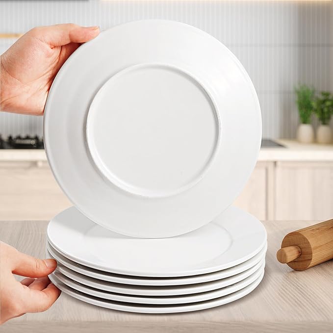 6 Pack Dessert Salad Plates,8 Inch White Porcelain Dinner Plates,Appetizer Plates for Dinner,Ceramic Dessert Plate Set,Microwave Oven Dishwasher Safe