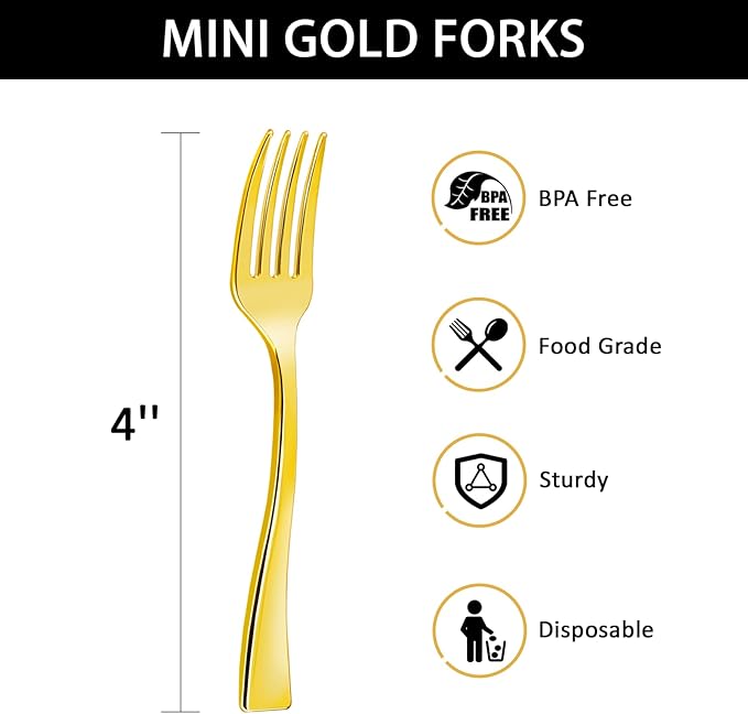 Qeirudu 4 Inch Gold Plastic Mini Forks, 100 Pack Disposable Appetizer Forks Heavy Duty Tiny Forks for Party Small Desserts, Charcuterie, Samples, Cocktails and Strawberries