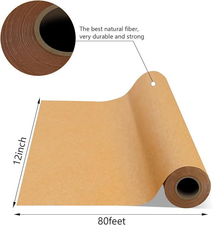 Brown Butcher Paper Roll, 12 Inch X 80 Feet, Unwaxed BBQ Paper for Smoking Meat and Charcuterie