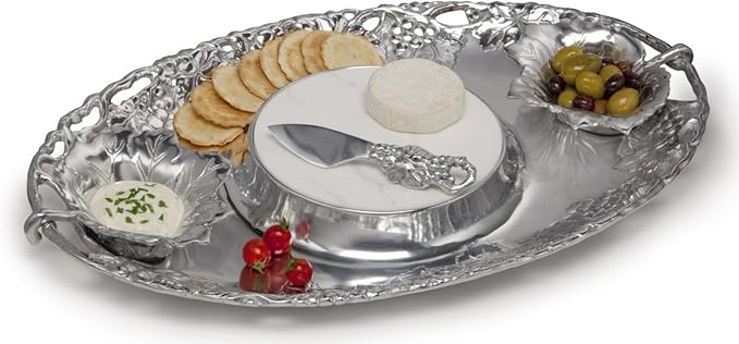 Arthur Court Designs Aluminum Grape 5-Piece Entertainment Cheese Chip and Dip Tray - Two Bowls, Spreader, Marble, Tray 20 inch x 13 inch