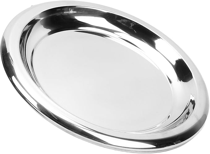 Pssopp Stainless Steel Round Serving Tray, Serving Trays Circular Metal Platter Decorative Tray for Displaying Whiskey Flutes Coffee Table Stainless Steel Round, Silver (Large)