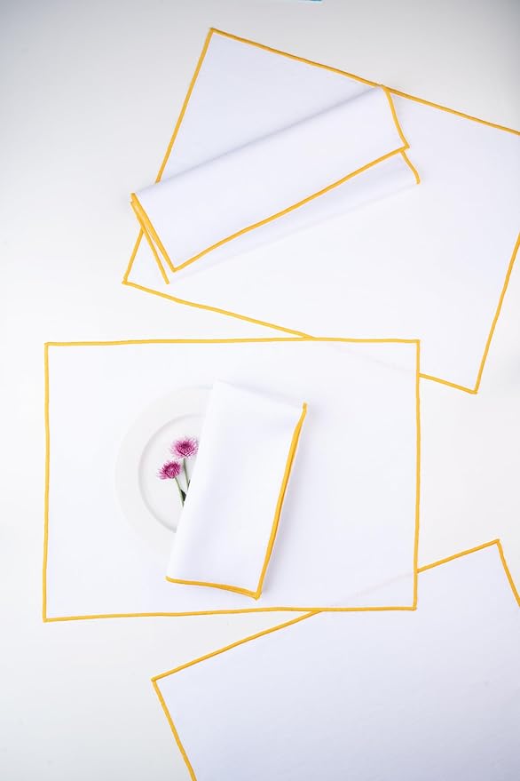 D'Moksha Homes White Linen Placemats with Yellow Embroidered Trim, Set of 4-14 x 19 Inch, 100% Pure Linen Cloth Placemats White & Yellow for Dining, Christmas, Holiday, New Year - Machine Washable