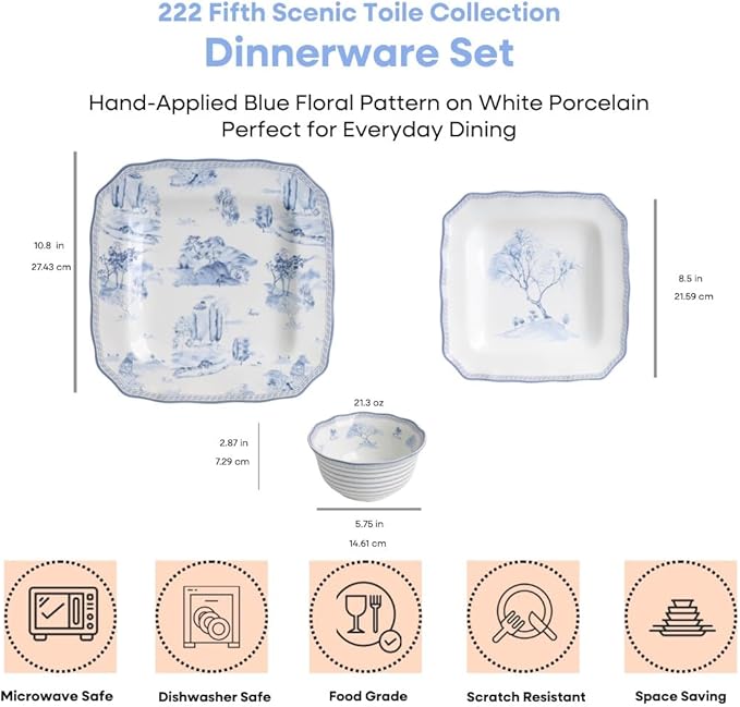 222 Fifth 12-Piece Porcelain Dinnerware Set for 4, Glossy White Plates and Bowls Set with Blue Decal, Elegant Square Ceramic Dish Set, Kitchen Tableware, Microwave & Dishwasher Safe, Scenic Toile