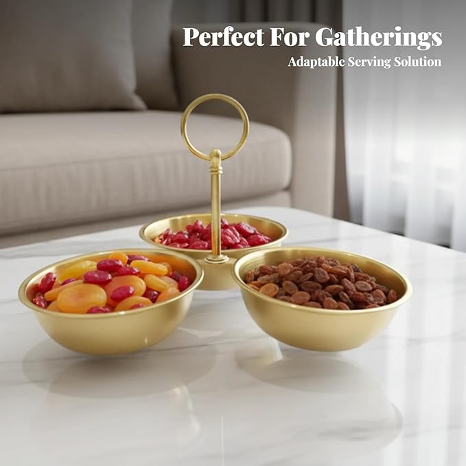 Snack Serving Bowl Divided Serving Tray Chip Dips Serving 3 Section Snack Stand with Bowls for Candy Dessert Fruit Sauce Dips, Gold