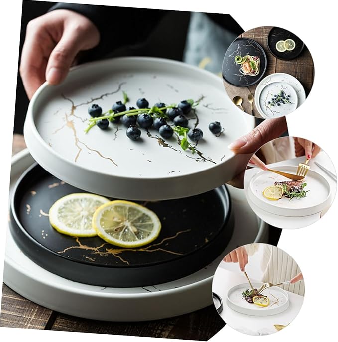 Amosfun Marble Dish Round Plate Ceramic Sushi Boat Tray Simple Decorative Plate