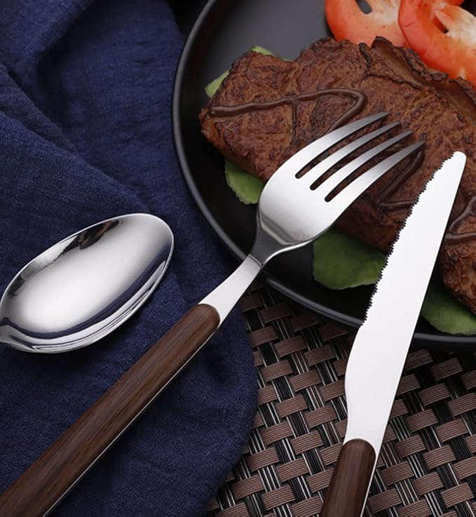 Wood Silverware Set for 6 Durable Stainless Steel Flatware Set 30 Piece Wooden Grain Cutlery Tableware Utensils Set for Home Kitchen Wedding Restaurant Knifes Forks and Spoons