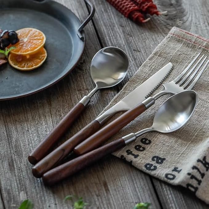 Walnut Wooden Silverware Set Flatware Set for 6 Exquisite Ergonomic Wood Handle Utensil Sets 18 10 Stainless Steel Cutlery Sets Include Fork Knife Spoon Matte Tableware,Dishwasher Safe