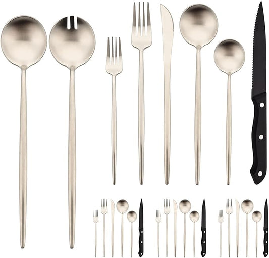 Silverware Set with Serving Utensils, Uniturcky 26 Pieces Flatware Set with Steak Knives Service for 4, Kitchen Cutlery Sets with Long Handle Serving Fork and Spoon, Satin Finish
