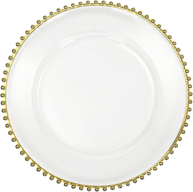 25Pcs Antique Clear Charger Plates, 13" Round Decorative Reef Chargers for Dinner Plates, Reusable Plastic Charger Plates Bulk with Gold Bead Rim for Wedding, Dinner, Party, Bridal Shower