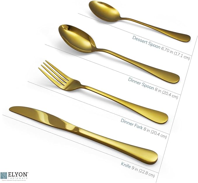 Elyon Tableware 32-Piece Reflective Gold Flatware Set, Stainless Steel, Service For 8