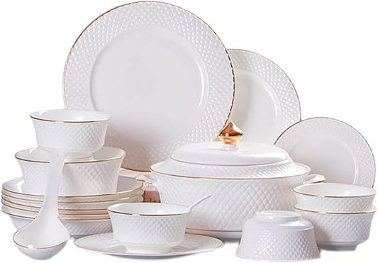 Elegant Dinnerware Set Dinner Plates Bowls Set Ceramic Tableware Set, White Porcelain 60-Piece Set, Personalized Kitchen Plate and Bowl Set
