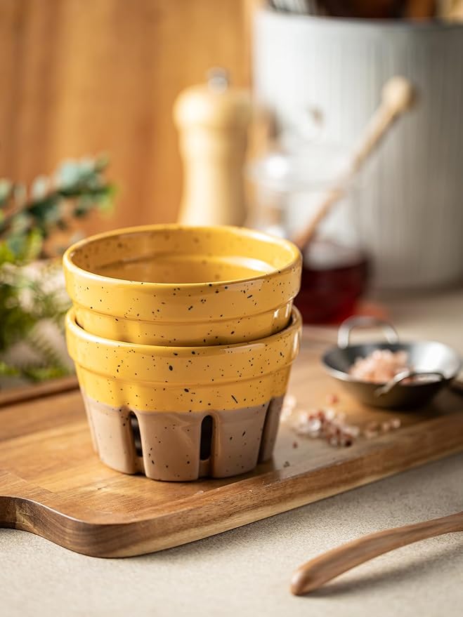 Gomakren Ceramic Fruit Basket Set of 2, Round Fruit Bowls with Holes, Rustic Berry Basket Containers for Kitchen, Berries, Strawberry, Grape, Cherry, Yellow + Brown