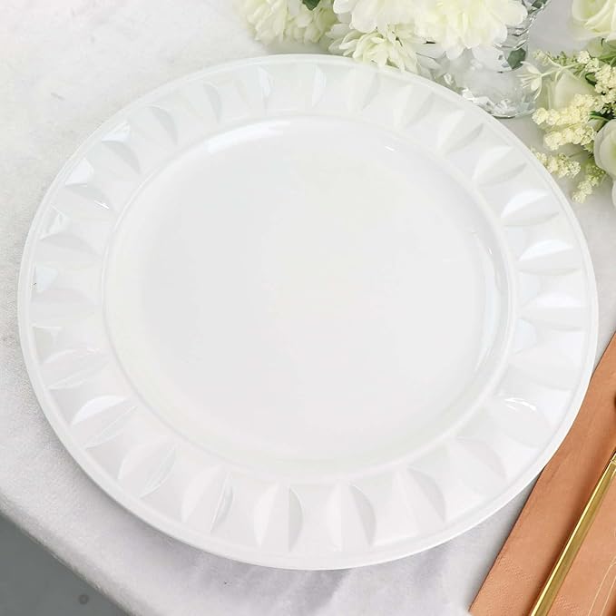 Efavormart 6 Pack | 13" White Round Bejeweled Rim Plastic Dinner Serving Trays, Disposable Charger Plates