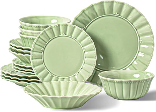 HOMBENE Dinnerware set, 16 Piece plates and bowls sets for 4, Ceramic Mordern dish set for party, Porcelain dish set, House gift, Microwavable safe, Mint Glow Green