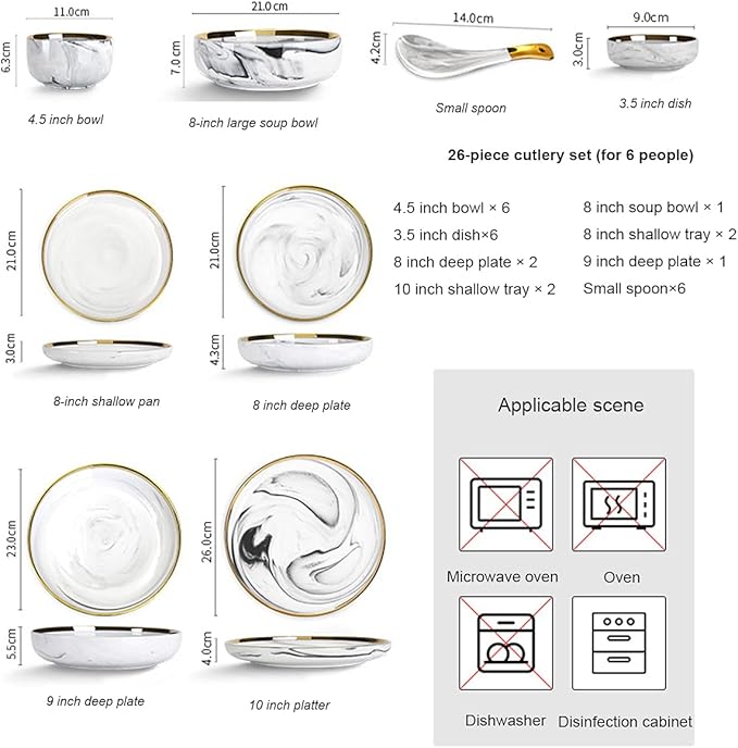 Ceramic Dinnerware Set 26 Piece Dinner Plate Sets Service for 6 Penh Tableware Plates Ceramic Dish Set Ideal As A Gift for Your Family