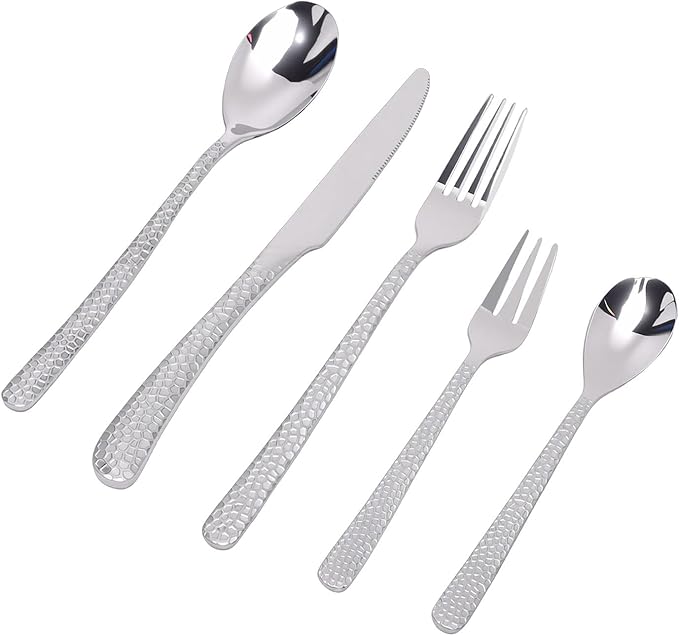 Zerodis Hammered Silverware Set for 4, Serving Sets Cutlery Set Include Forks and Spoons Knives Flatware for Home, Party, Wedding, Mirror Polished Dishwasher Safe Hammered Silverware (Silver)