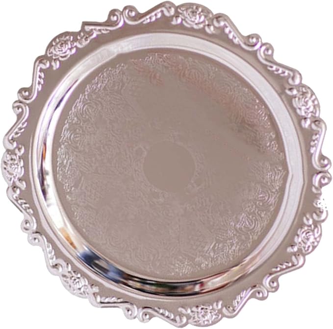 Round Fruit Plate, Metal Food Serving Tray Vintage Round Fruits Serving Platter Plates, Fruit Tray Dessert Cake Decorative Disk for Cakes, Desserts, and Baked Goods Wedding Holiday Party(Silver)
