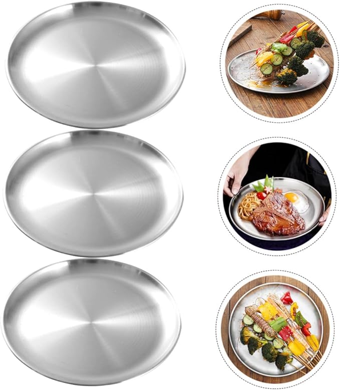 Mobestech 3 Pcs Stainless Steel Plate Divided Outdoors Buffet Dinner Trays Dining Trays for Serving Food Round Unbreakable Platters Camping Servers Dinner Plates Grilling Serving Tray Silver