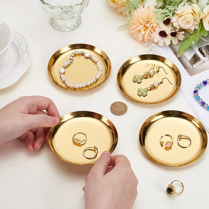 4 Pack 3.9 Inch Round Gold Serving Platters Metal Soy Sauce Tray 410 Stainless Steel Small Seasoning Dish Plate Storage Tools for Kitchen Cooking Sushi Dipping Appetizer Plates Jewelry Holder