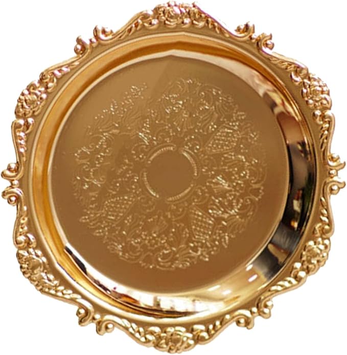 Round Fruit Plate, Metal Food Serving Tray Vintage Round Fruits Serving Platter Plates, Fruit Tray Dessert Cake Decorative Disk for Cakes, Desserts, and Baked Goods Wedding Party(Golden)