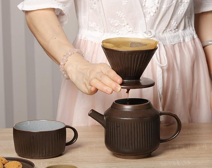 Pottery Pour Over Coffee Maker, Ceramic Cone Filter Hand Drip Coffee Dripper, Reusable Stoneware Pourover Coffee Brewer, Size 02 (Rustic Chocolate Brown)