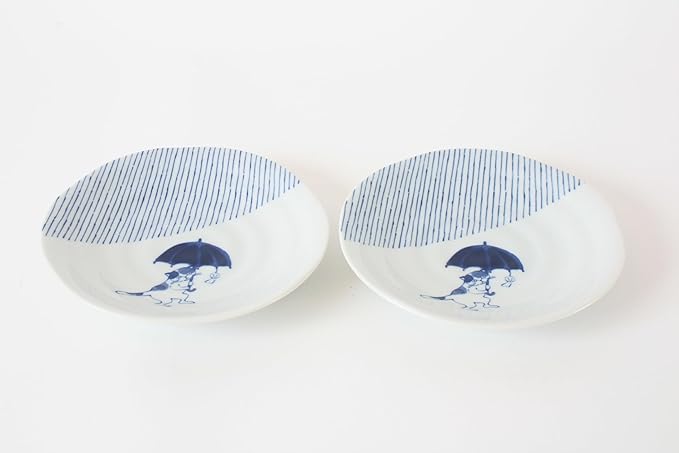 Mino ware Japanese Ceramics Pair Round Plate Japanese Cat (set of two) made in Japan GBS224 (Small Flat, Umbrella)