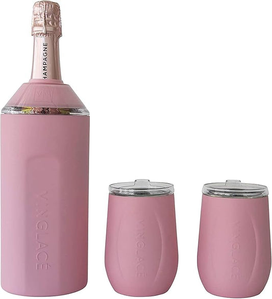 Vinglacé Wine Bottle Chiller Gift Set- Portable Stainless Steel Wine Cooler with 2 Stemless Wine Glasses, Rose