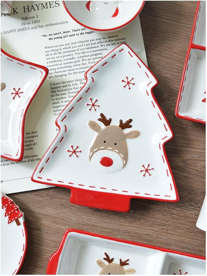 Christmas Ceramic Appetizer Plates for Tapas, Salad, Appetizer, Dishwasher Safe, Microwave Safe, Freezer Safe (Four grid plate 20 * 20 * 3cm)