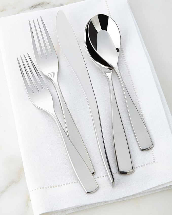 nambe Anna Flatware, 45-Pc Set, 18/10 Mirror Stainless Steel Silverware Cutlery Set, Designed for Home Kitchens, Hotel, or Restaurants, Service for 8 and a 3pc Hostess Utensil Set, Dishwasher Safe