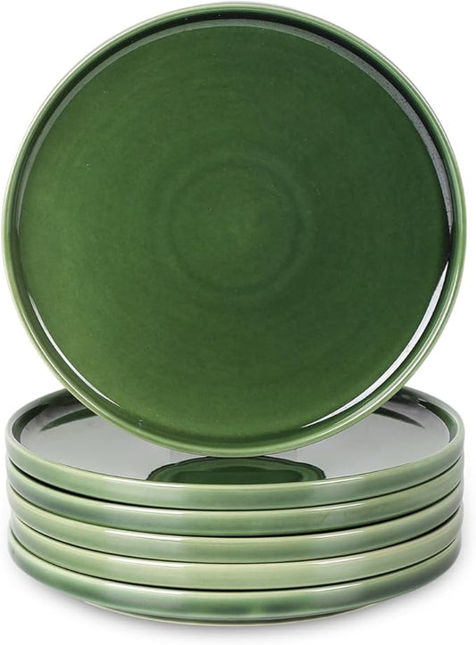 vicrays Ceramic Salad Plates Set - Porcelain 8 Inch Flat Dessert Appetizer Plate for Lunch Home Party Restaurant - Scratch Resistant Microwave Oven and Dishwasher Safe - Set of 6 (Green)