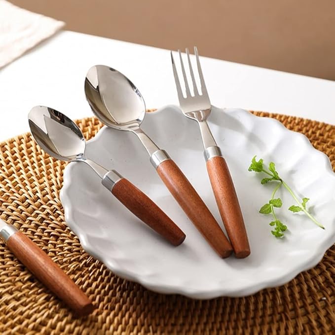 Wood Silverware Set for 12 Premium 18/10 Stainless Steel Flatware Set 48 Piece Wooden Cutlery Tableware Utensils Modern Knives Forks and Spoons Set for Home Kitchen Wedding Restaurant