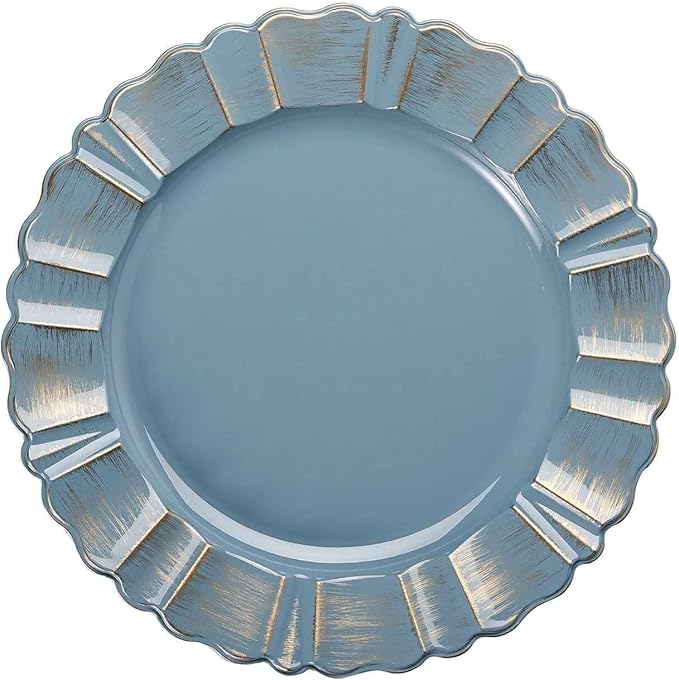 Efavormart 12-Pack Acrylic Plastic Charger Plates 13" Round Dusty Blue with Gold Brushed Wavy Scalloped Rim - Dinner Charger Tableware