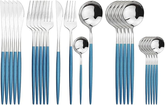 Silver Silverware Set, 24-Piece Stainless Steel Flatware Set Service For 6, Mirror Polished Blue Handle Tableware Cutlery Set Knife Fork And Spoon For Home & Restaurant, Dishwasher Safe