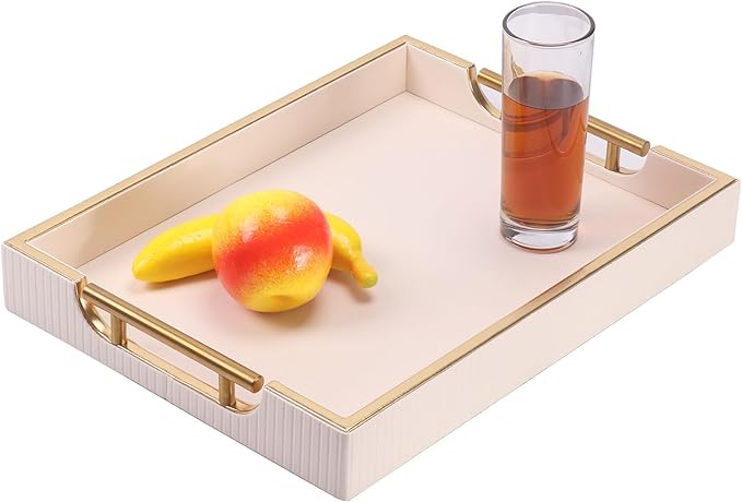 Wooden Structure Leather Decorative Tray With Brushed Champagne Gold Handle - Square Coffee Table Farmhouse Counter PU Serving Storage Tray (White)