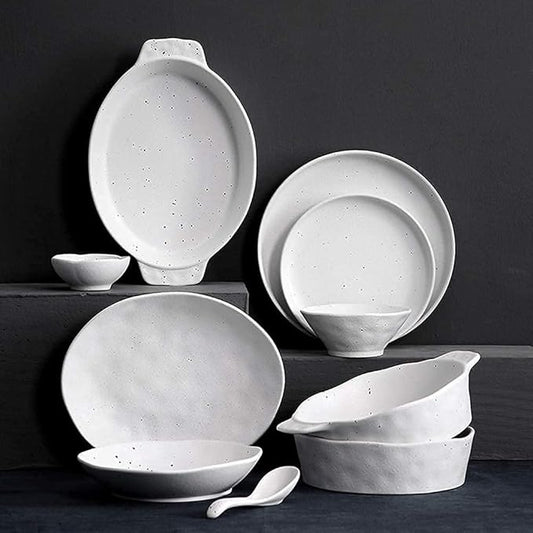 Plates Bowl Ceramic Dinnerware Set, 40 Piece Handmade Irregular Dot White Pottery Tableware Service for 6, Porcelain Dinner Dish