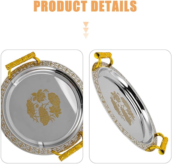 Zerodeko Stainless Steel Tea Tray Tea Serving Platter with Handles European Serving Tray Round Dinner Plate Retro Fruit Tray for Food Fruit Coffee Tea Golden, 33.5X33.5CM