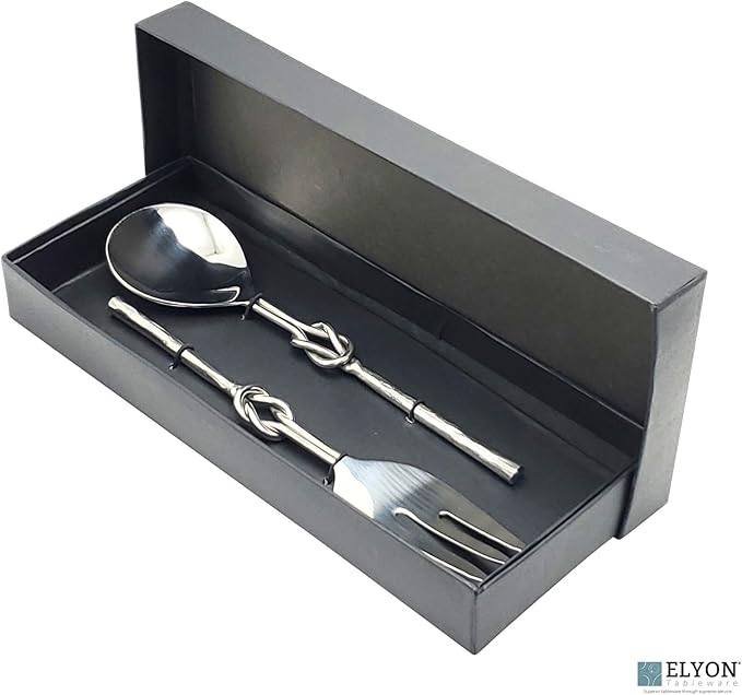 Elyon Reef Knot Reflective Silver Salad Serving Set Indian Artisan Made Hostess Set Hand Forged Stainless Steel 2 Pieces