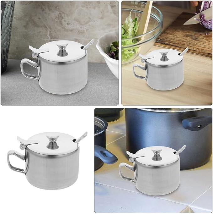 BESTonZON Stainless Steel Sugar Bowl with Lid and Spoon 3.5 Inch Multipurpose Salt Pepper Spice Container for Kitchen Countertop Condiment Storage