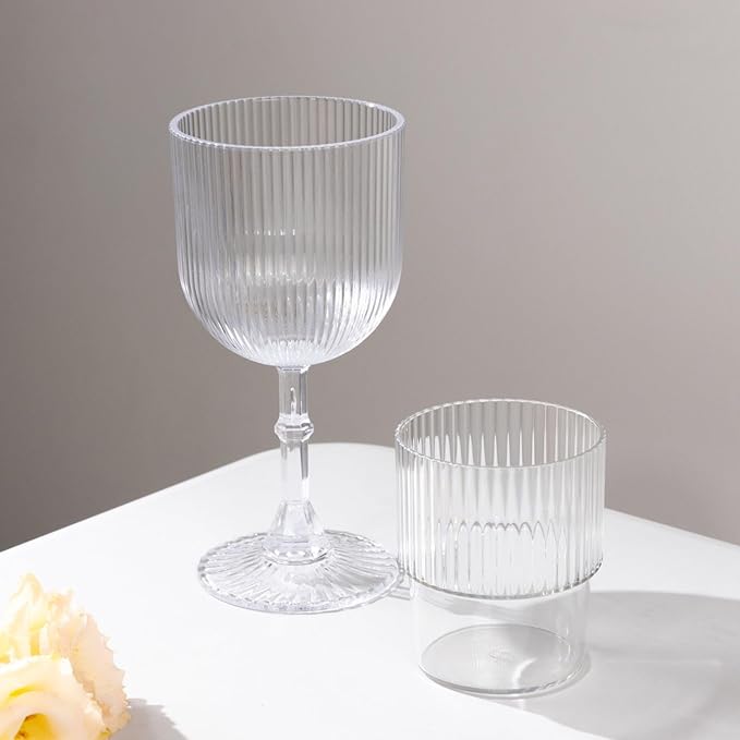 TCF Linen 12 Pack Clear Plastic Wine Goblets, 9oz Ribbed Reusable Shatterproof Drinkware for Weddings Parties Catering Cocktails and Desserts Cups