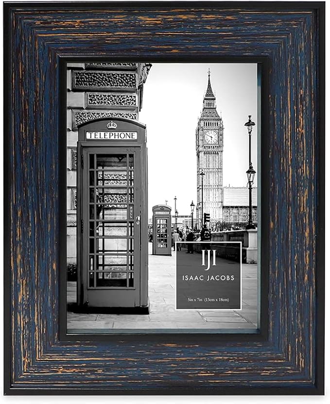 Isaac Jacobs 5x7 Navy w/Gold (Vertical & Horizontal) Double Border Picture Frame w/Black Fabric Easel, Wall-Mountable, Made for Tabletop & Gallery, Home or Office (5x7, Navy W/Gold)