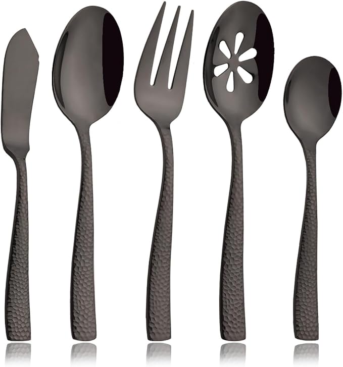 JASHII 5-Piece Black Hammered Flatware Hostess Set Stainless Steel Serving Fork Slotted Serving Spoon Butter Knife Teaspoon Set for Buffet Party Mirror Polished Dishwasher Safe