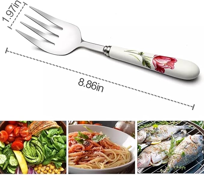 Flatware Silverware Set, 1 Pcs Ceramic Handle Serving Fork Stainless Steel Tableware Creative Long Handle Salad Fork Vegetable Melon Fruit Fork, Tableware Cutlery Set