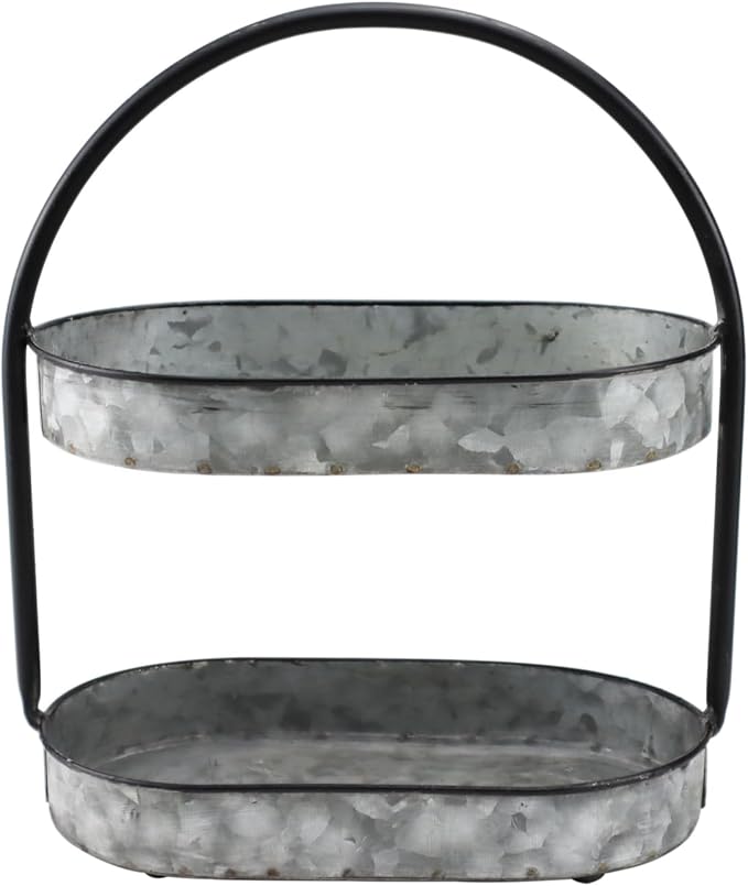 Vintage Small Tray Stand Rustic Galvanized Metal 2 Tier Serving Tray for Cupcake, Dessert, Appetizers, Fruit