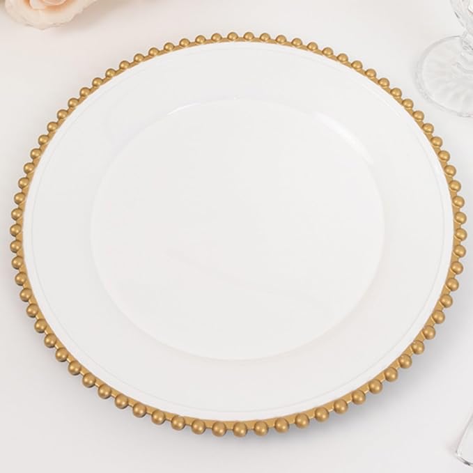 13" Charger Plates - Set of 12 - White/Gold Round Acrylic Disposable Chargers with Beaded Rim, Ideal for Dinner Party Wedding Bulk Events