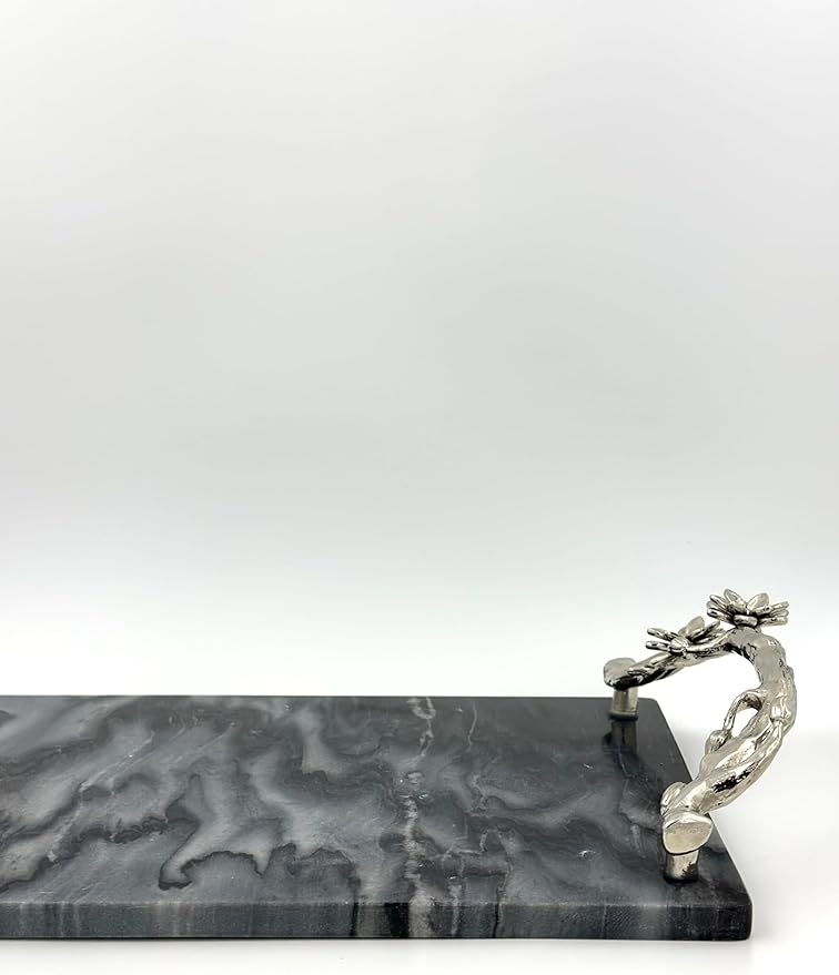 Elegant Marble Serving Tray with Decorative Metal Handles| Premium Platter for Dining & Home Décor. (Silver)
