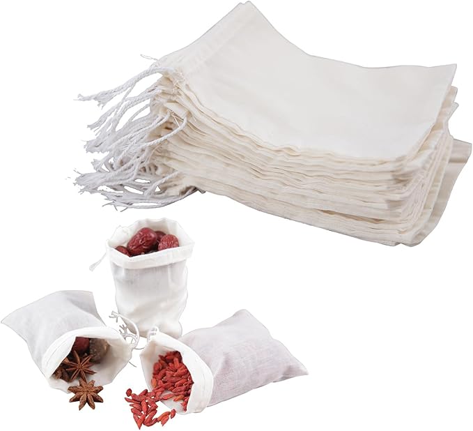 20pcs Muslin Bags with Drawstring,White Spice Bags,Safe and Natural Cotton Material Tea Filter Bags,Cheesecloth Bags for Coffee,Tea,Soup etc.6 x 8 inch.