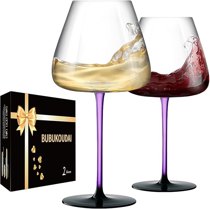 Crystal Wine Glasses Set of 2 with Gift Box. Dishwasher Safe. 24oz Large Purple Wine Glasses with Long Stem for Women.Hand-Blown ,Thin Rim. Gift for Wife,Girlfriend,Mom.Unique & Modern Design