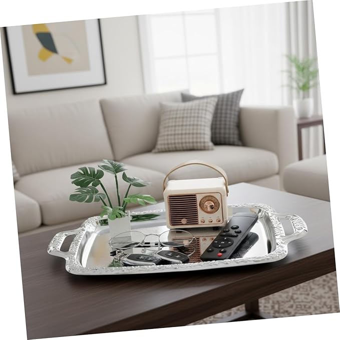 Angoily Metal Kitchen Tray Multi-Purpose Serving Tray Silver Rectangular for Dining Room Tableware Food Storage 15. 35 X 9. 05 Inch